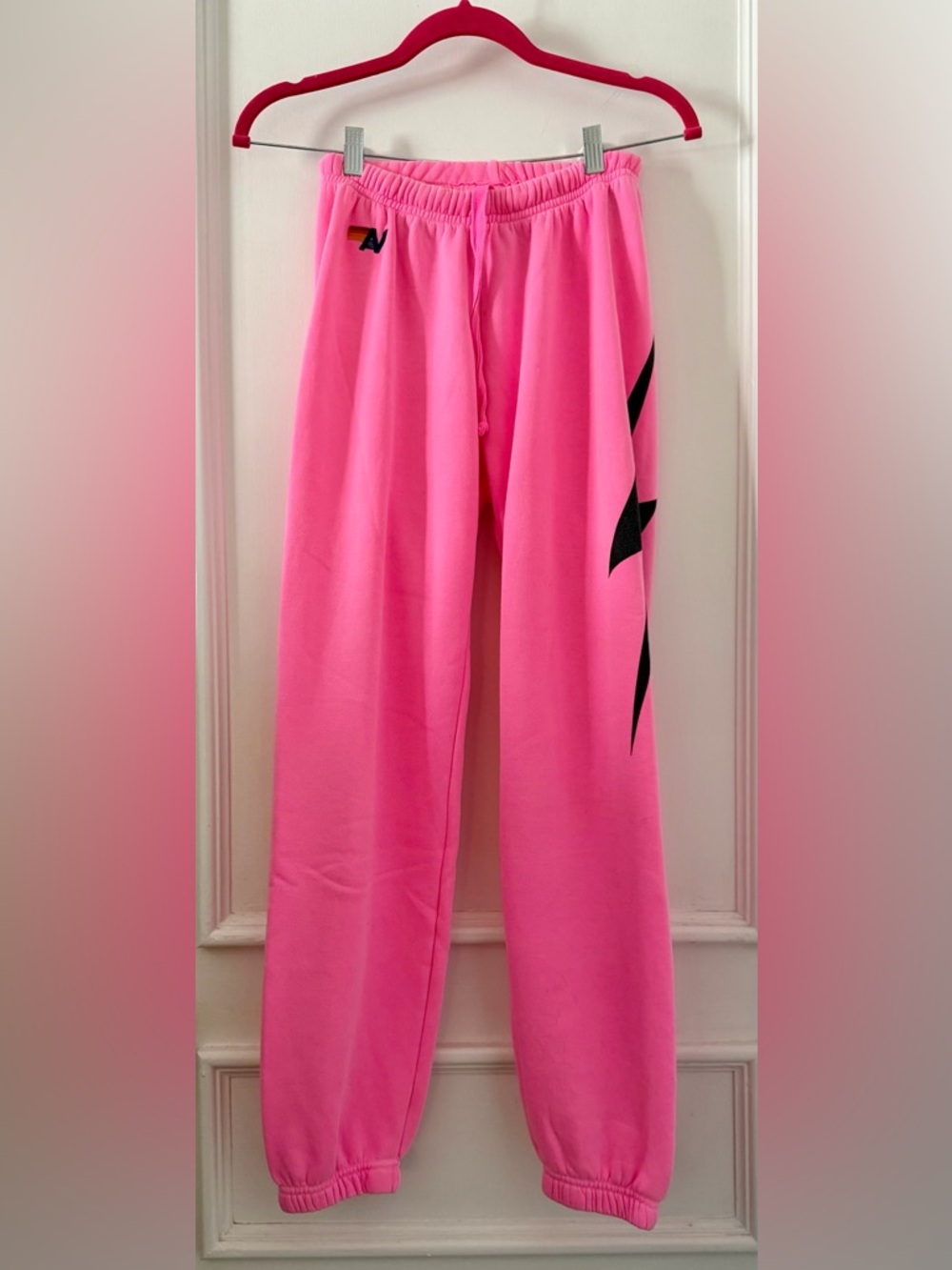 Aviator Nation Bright Pink and Black Lightning Bolt Sweatpants